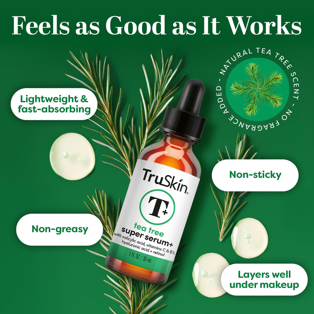 TruSkin Tea Tree Oil Serum ingredients visual highlights salicylic acid and niacinamide.