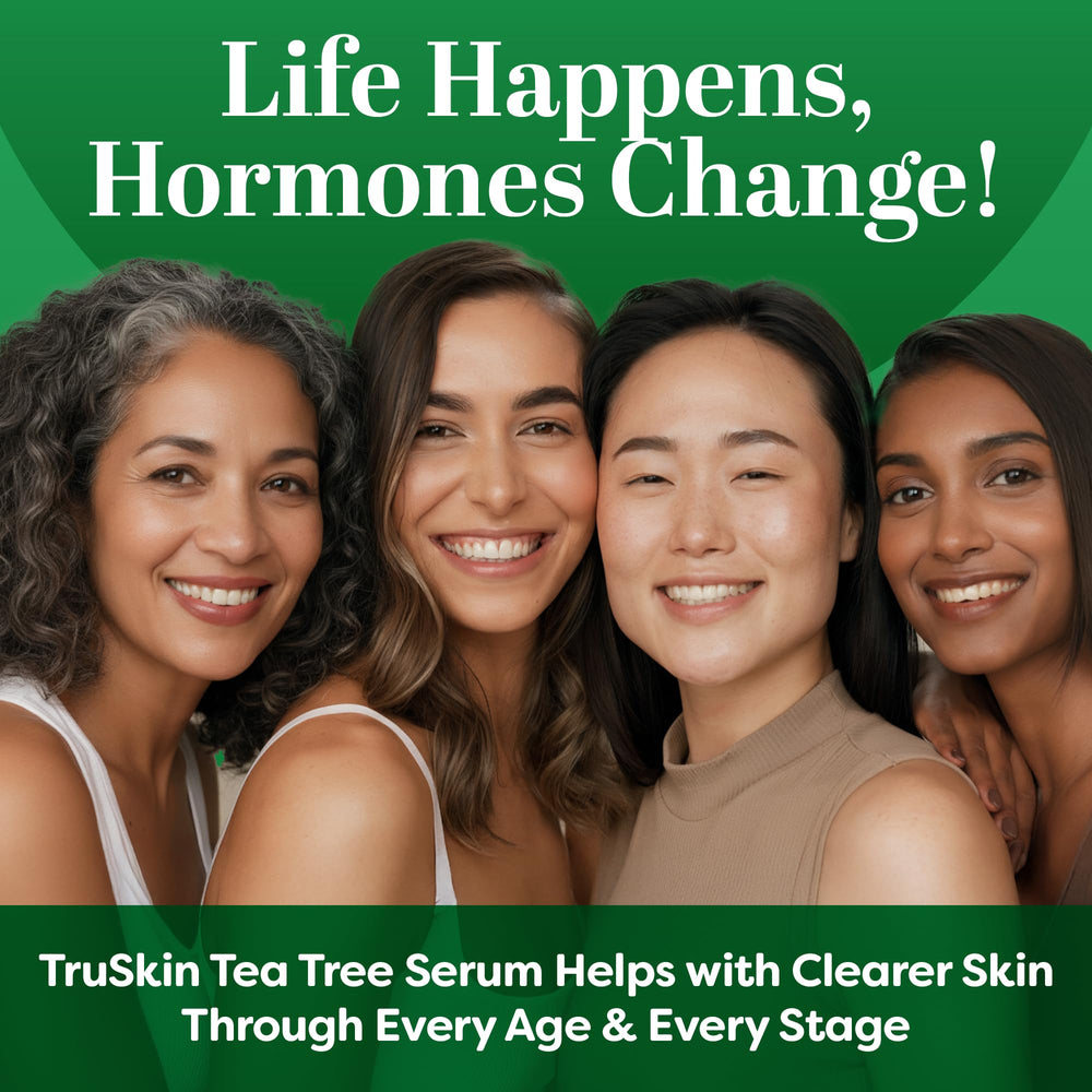 TruSkin Tea Tree Oil Serum in a lab-science context, suggesting dermatologist-tested formulation.