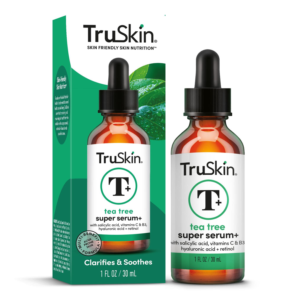 TruSkin Tea Tree Oil Serum on skin indicating balanced tone and texture potential.