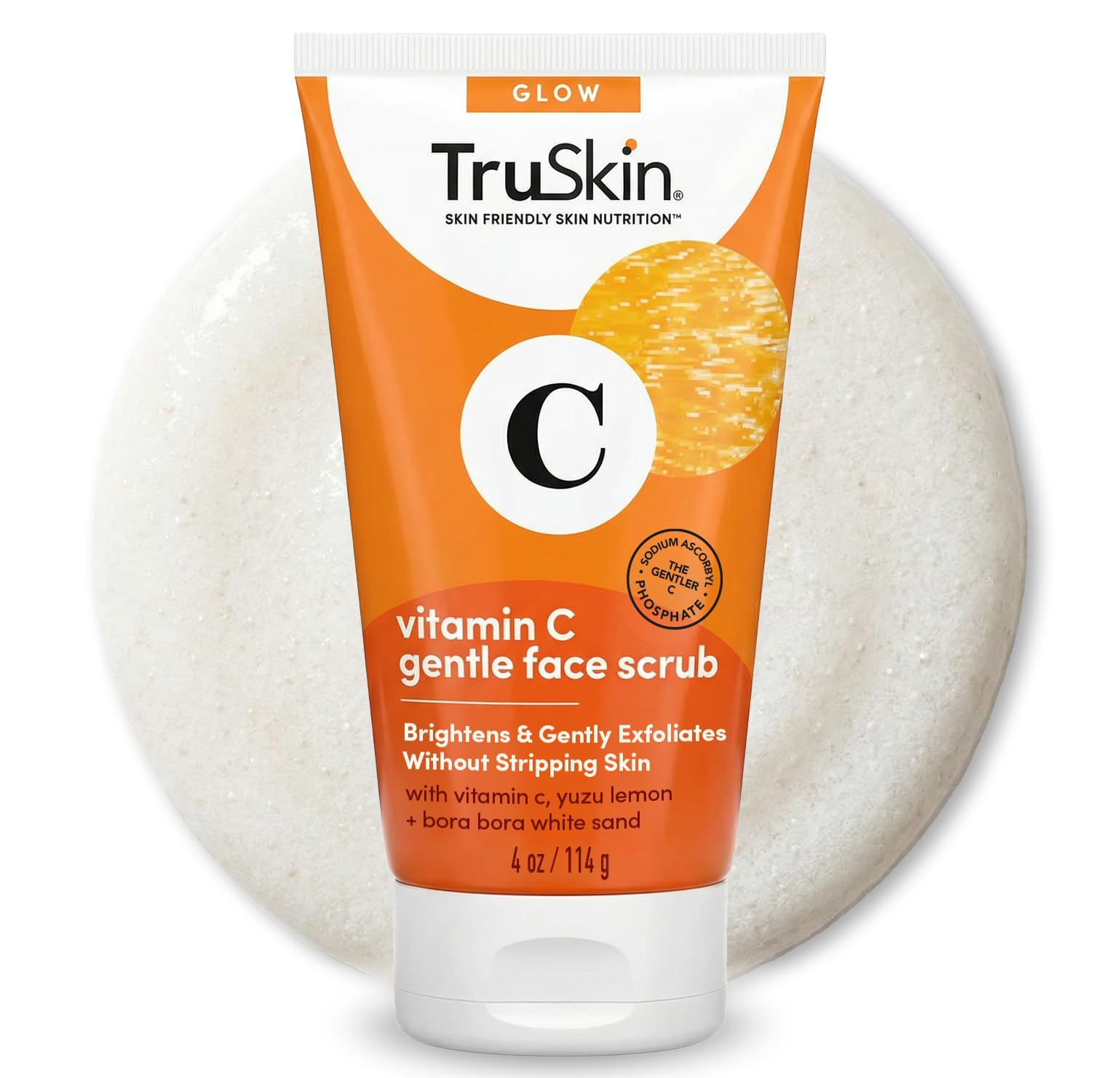 TruSkin vitamin C face scrub bottle closeup highlighting brightening potential