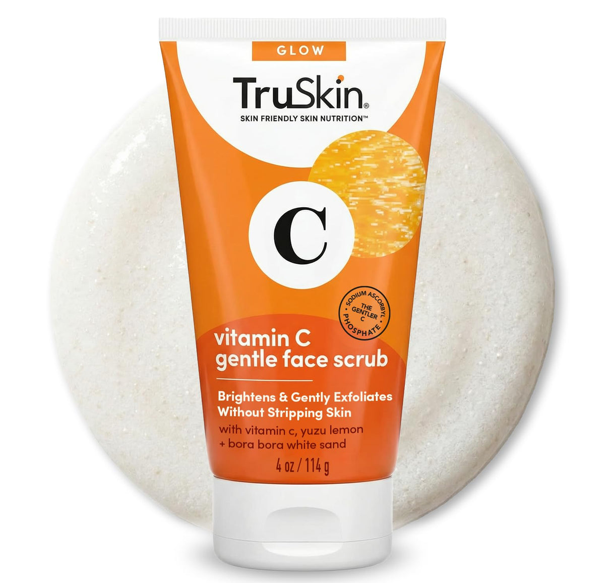 TruSkin vitamin C face scrub bottle closeup highlighting brightening potential