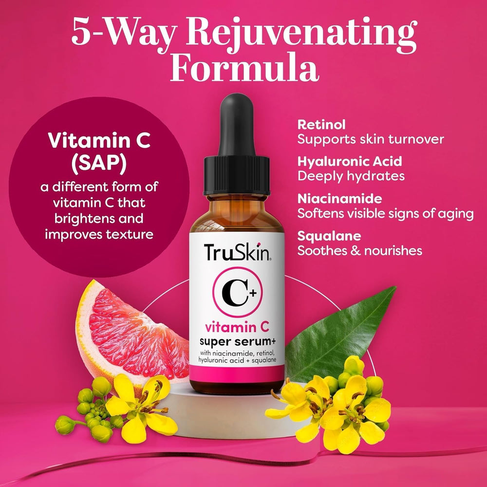 TruSkin Vitamin C Serum bottle back label shows multi-action formula.