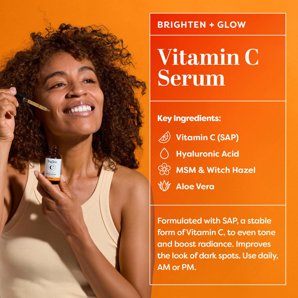 TruSkin Vitamin C serum texture closeup suggests light, fast-absorbing formula for morning use.
