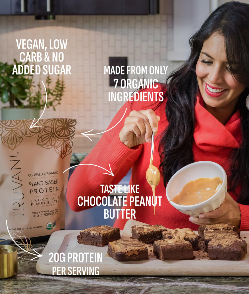 Truvani Chocolate Peanut Butter protein shake in glass shows creamy, plant-based protein after workouts.