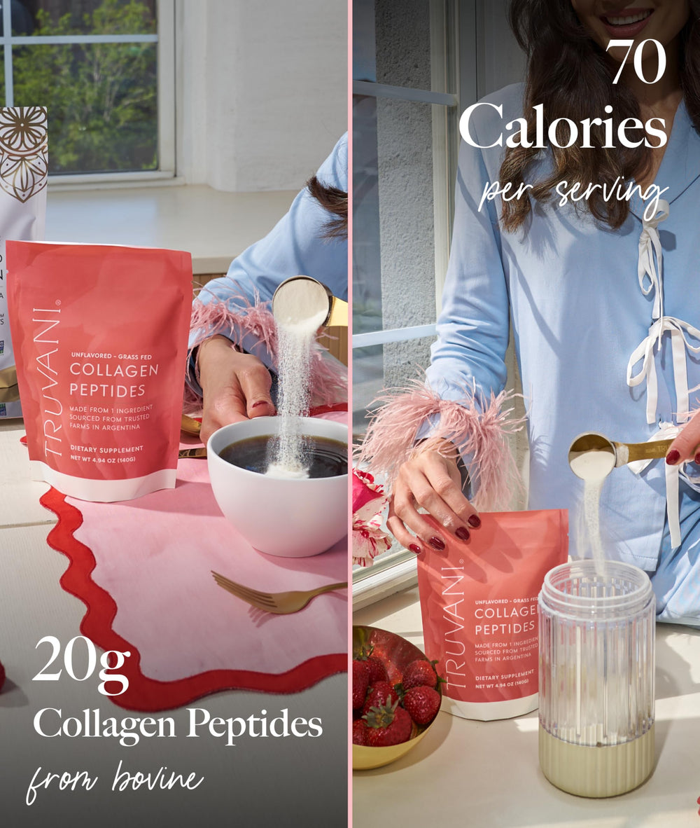 Ingredients panel highlights type 1 and 3 collagen with a dairy-free formula.