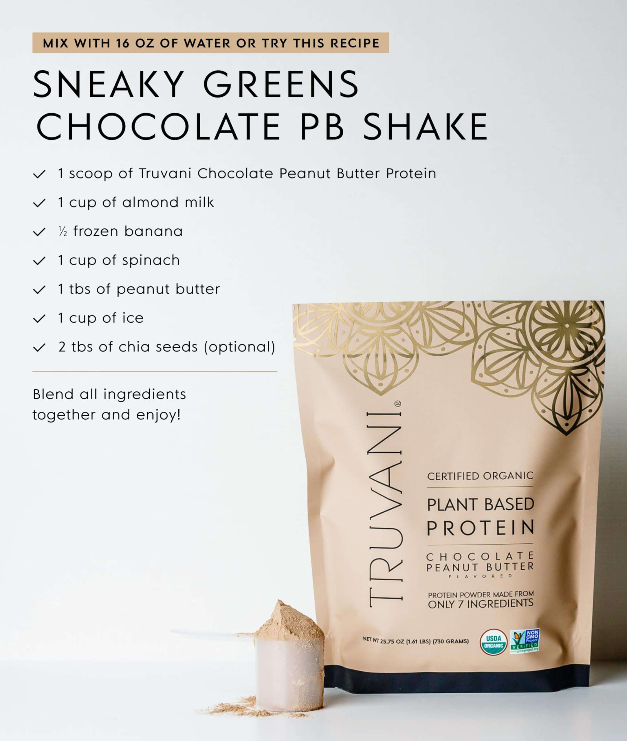 Truvani nutrition facts panel helps compare calories and macros for daily planning.