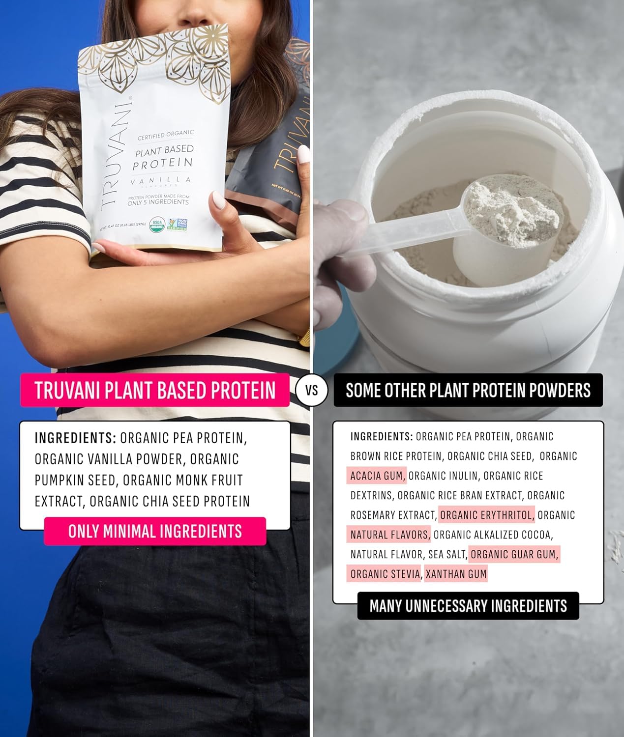 Truvani organic label highlights non-GMO, vegan, and gluten-free quality.