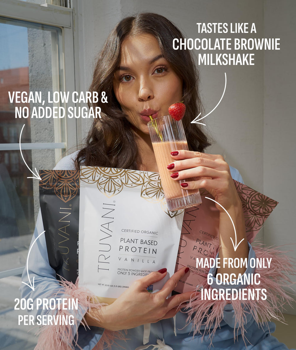 Truvani protein powder scoop pouring illustrates quick, convenient shakes.