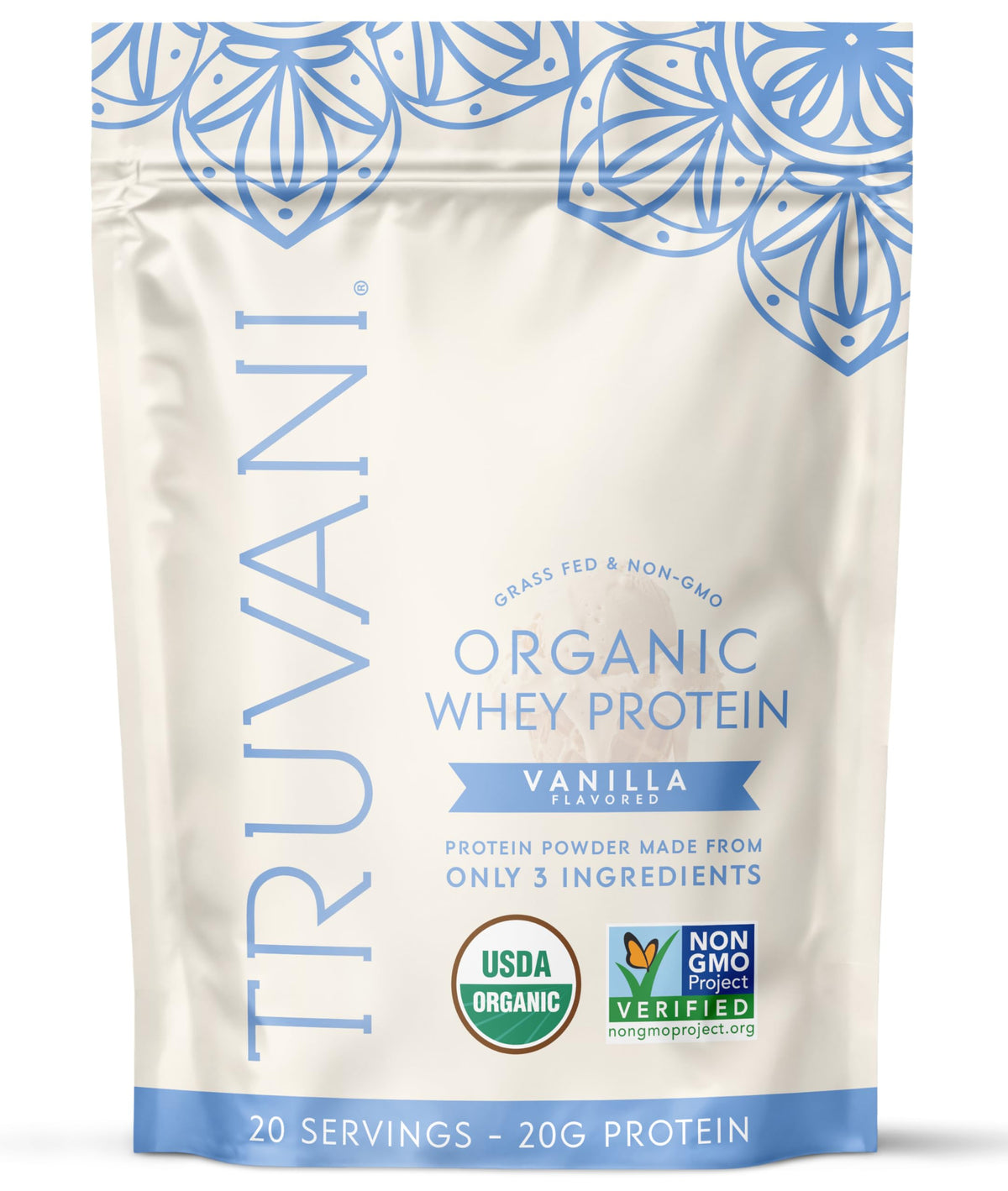 Truvani Organic Whey Protein Vanilla powder tub ready for a clean post-workout shake