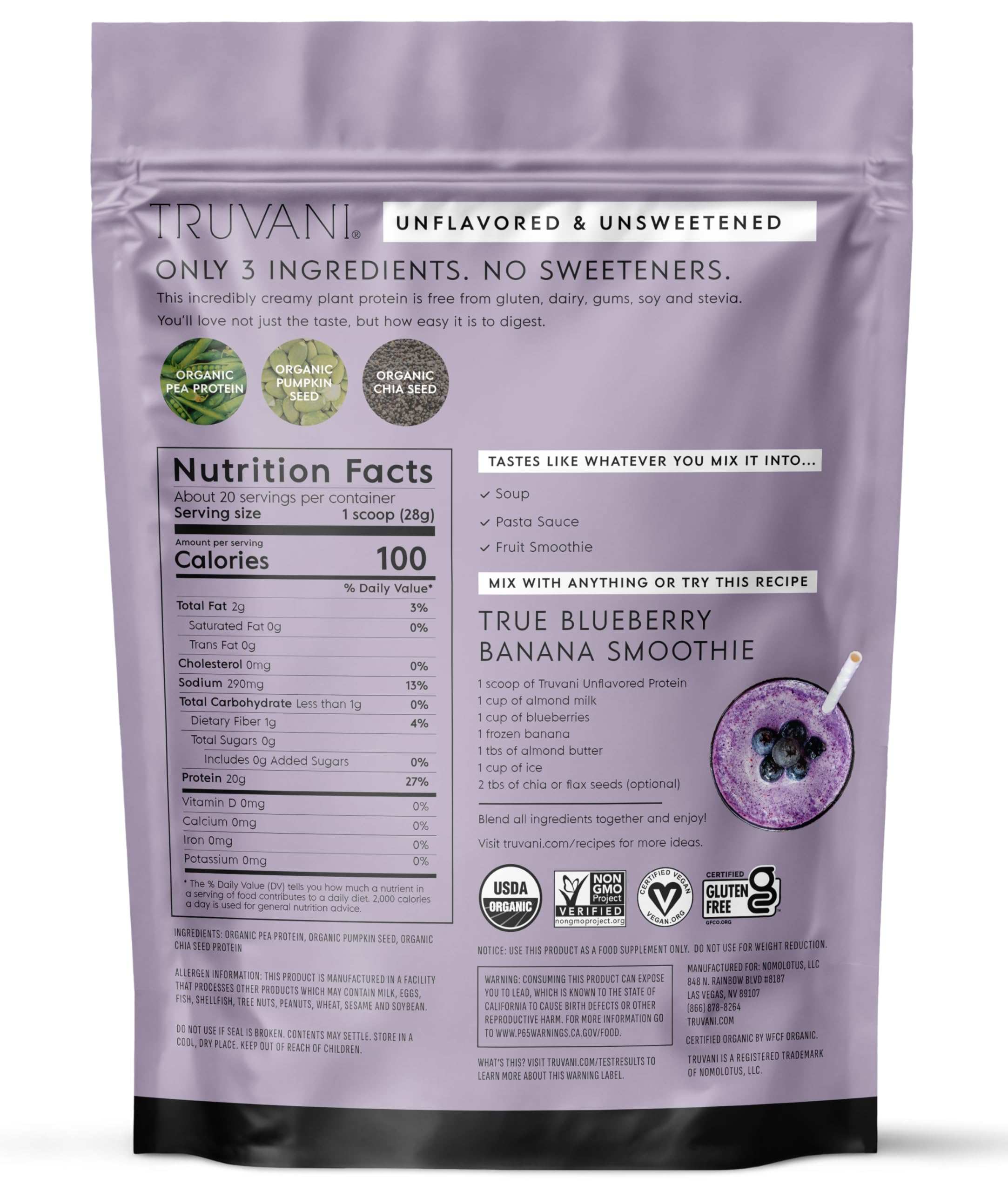 Truvani pea protein powder no added sugar with monk fruit for sweetness