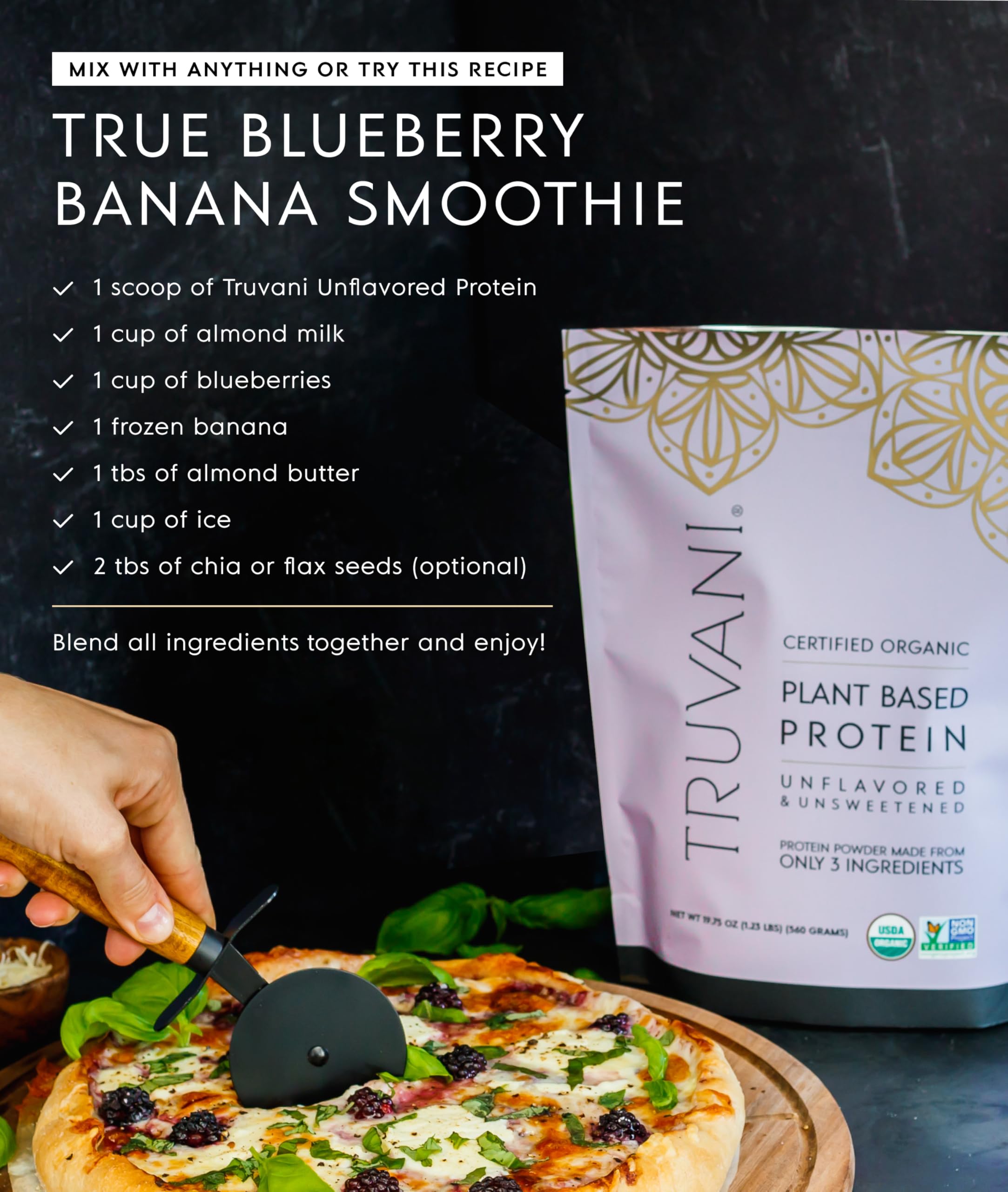 Truvani pea protein powder serving shows 20g per scoop for nutrition goals