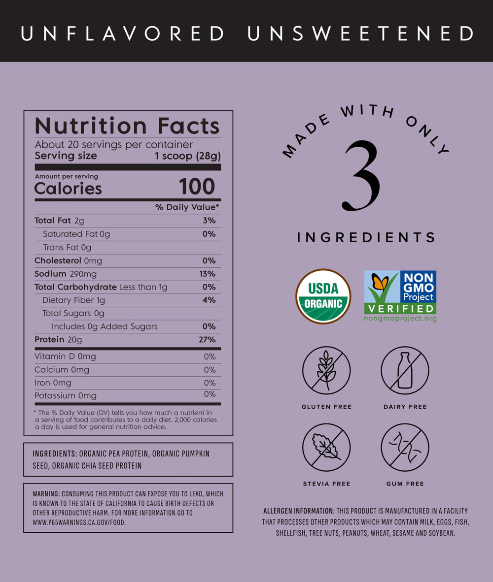 Truvani unflavored tub close-up shows clean ingredients for transparency