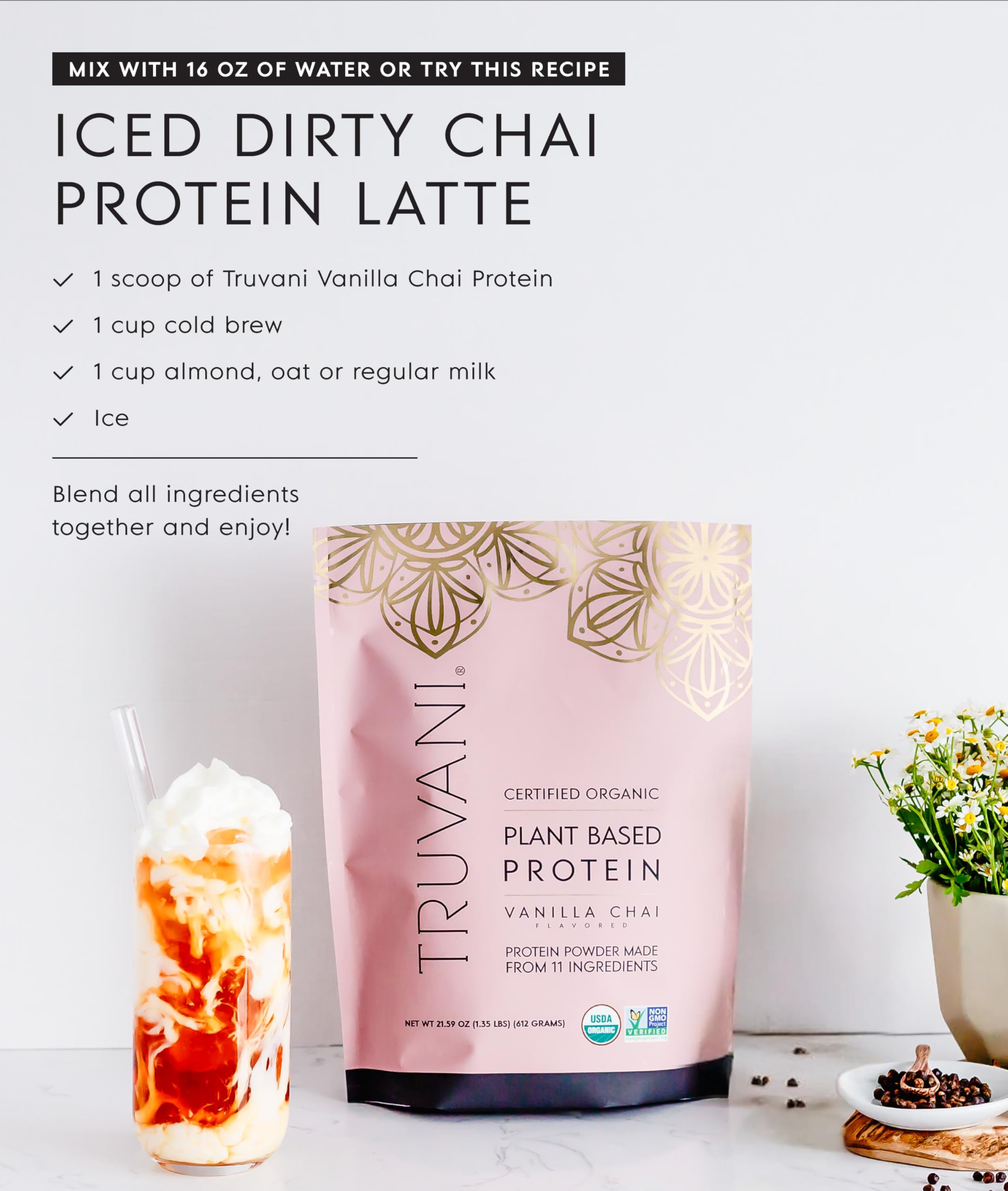 Truvani keto-friendly protein powder tub beside a glass of protein shake.