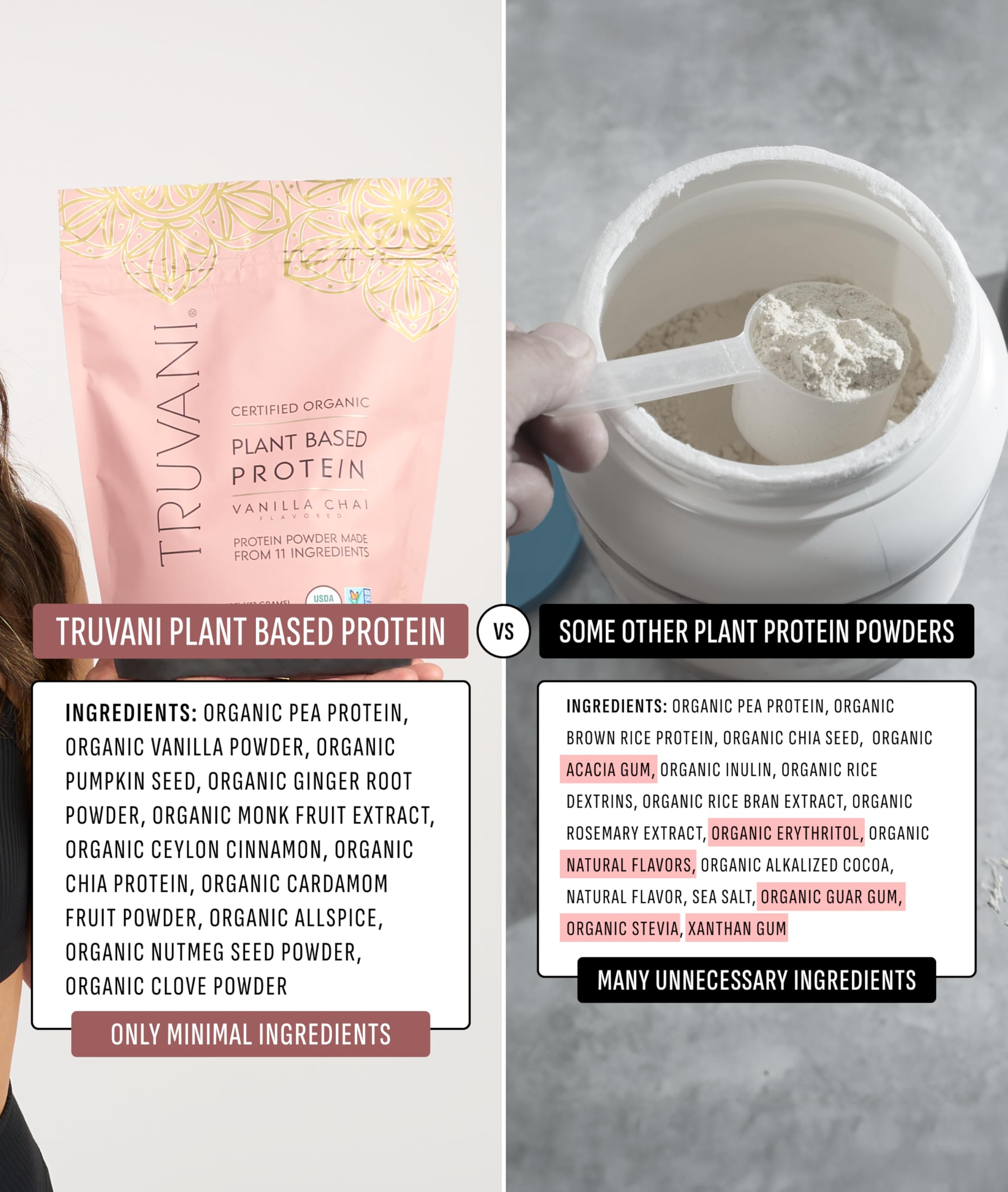 Truvani label close-up shows USDA Organic and non-GMO certified standards.