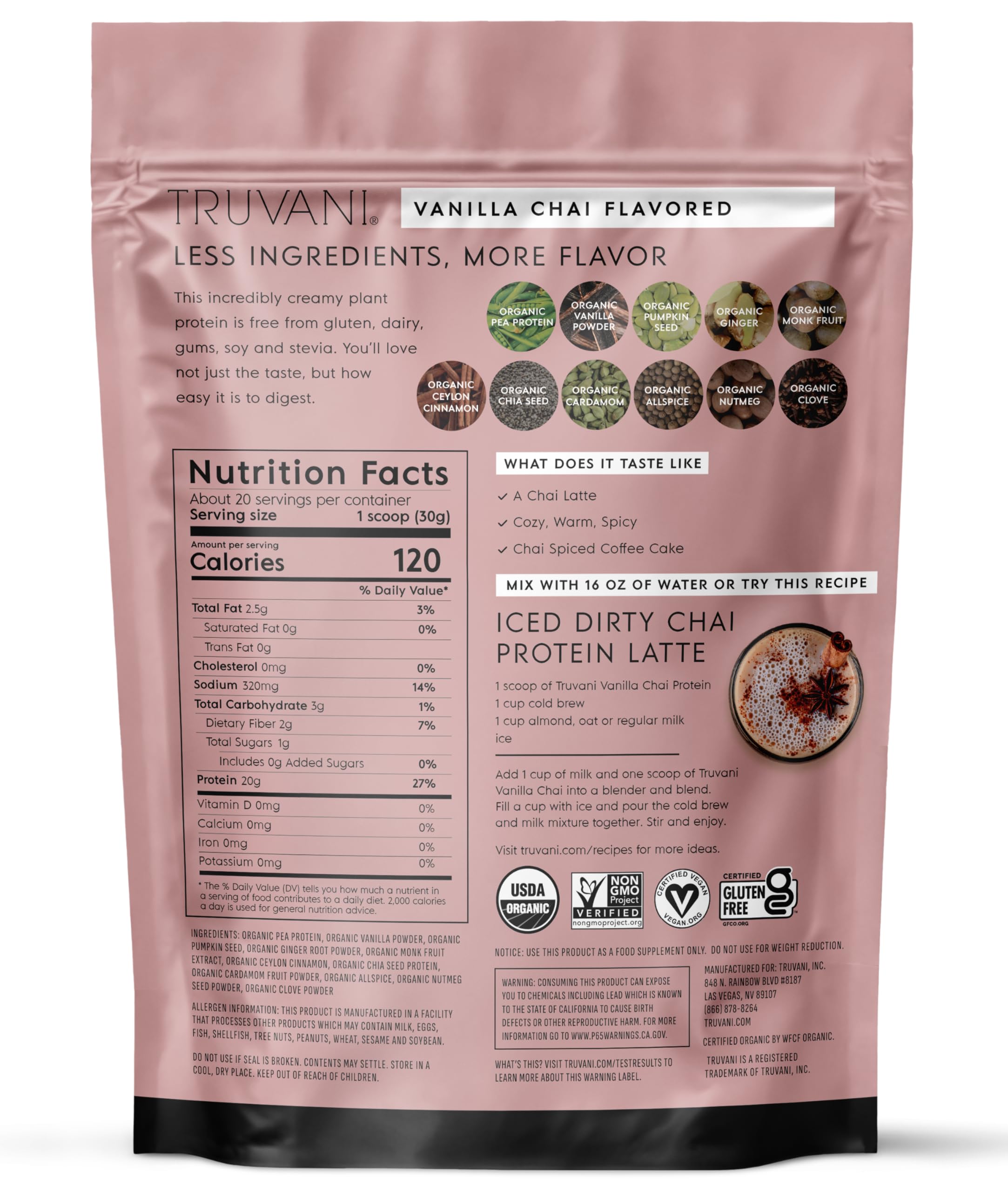 Truvani Vanilla Chai flavor profile on nutrition facts panel for informed choices.