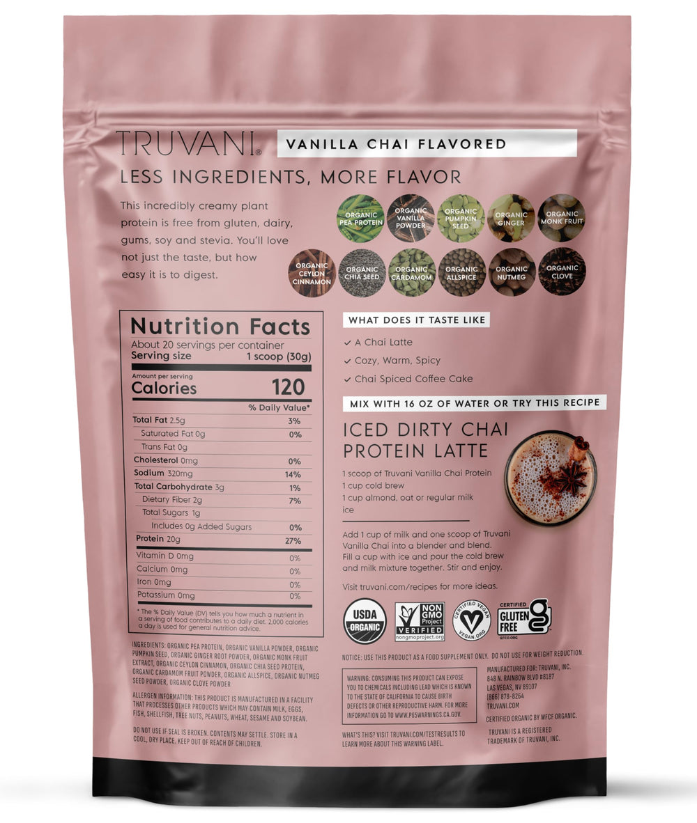 Truvani Vanilla Chai flavor profile on nutrition facts panel for informed choices.