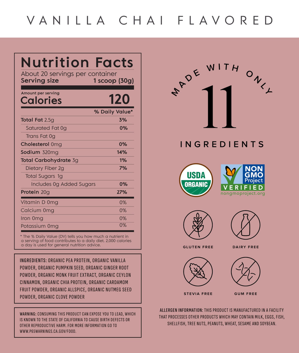 Truvani pea protein scoop highlights pure formula for gluten-free, dairy-free nutrition on busy days.