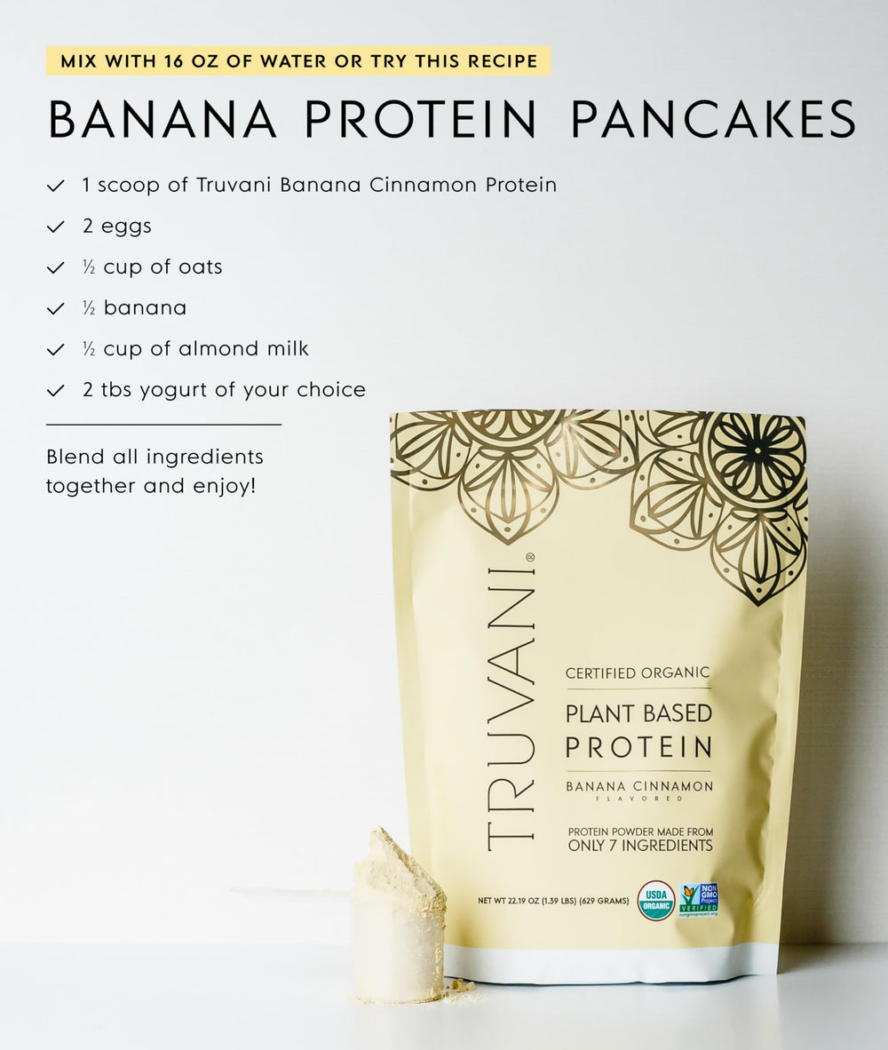 Truvani vegan pea protein powder banana cinnamon serving bowl with ingredients nearby
