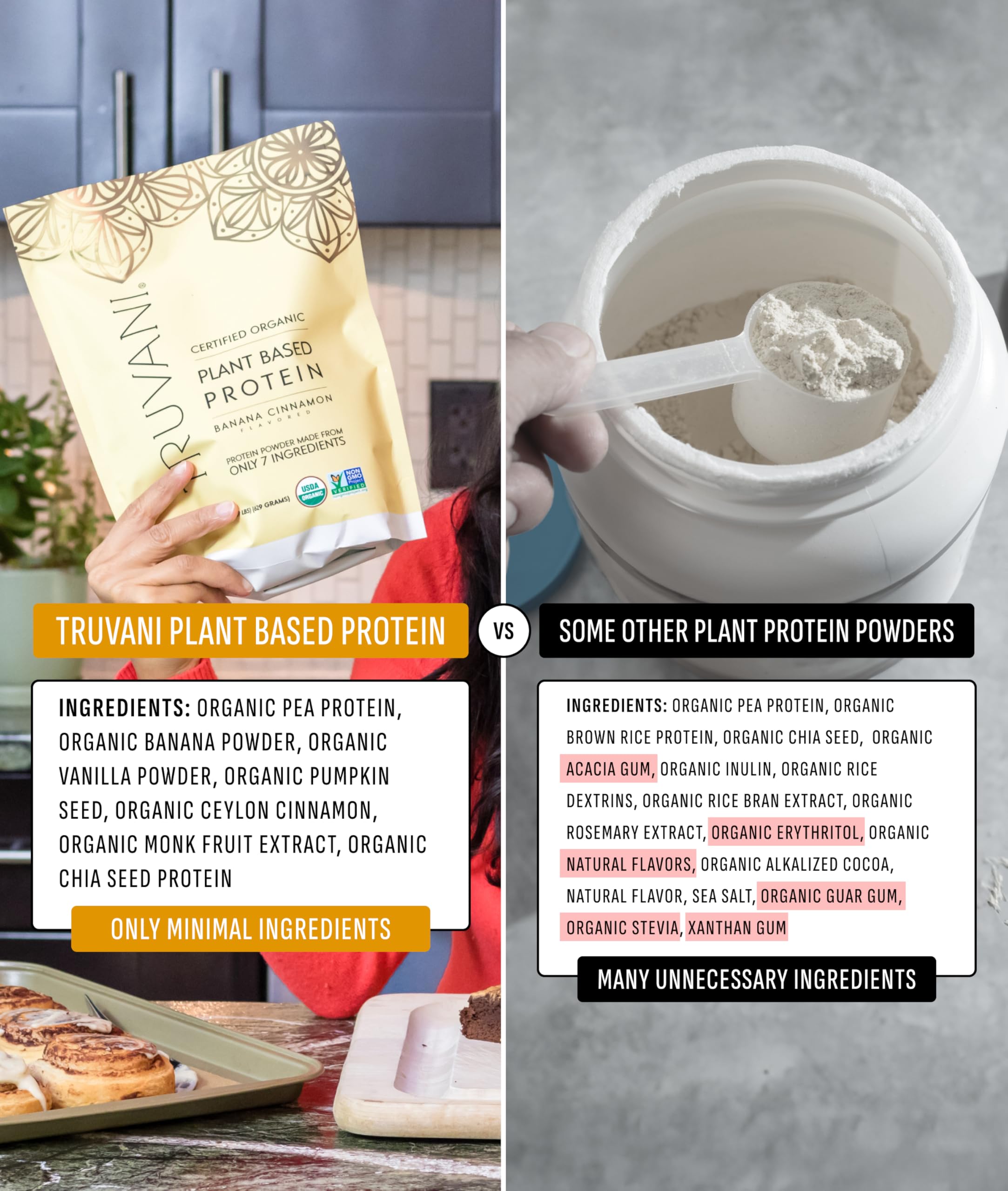 Truvani vegan pea protein powder banana cinnamon label emphasizes clean organic ingredients