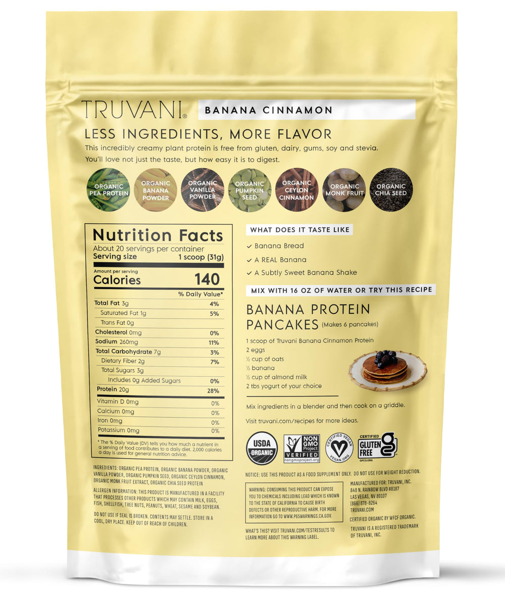 Truvani vegan pea protein powder banana cinnamon serving ready for workout
