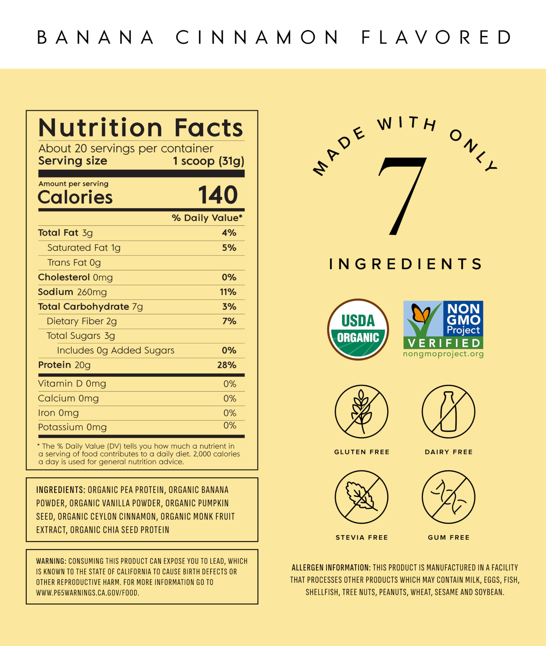 Truvani vegan pea protein powder banana cinnamon tub highlights organic ingredients