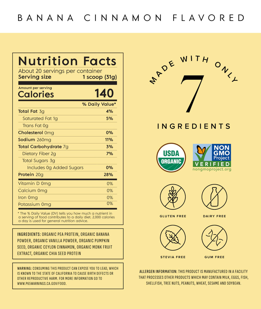 Truvani vegan pea protein powder banana cinnamon tub highlights organic ingredients