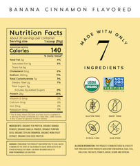 Truvani vegan pea protein powder banana cinnamon tub highlights organic ingredients