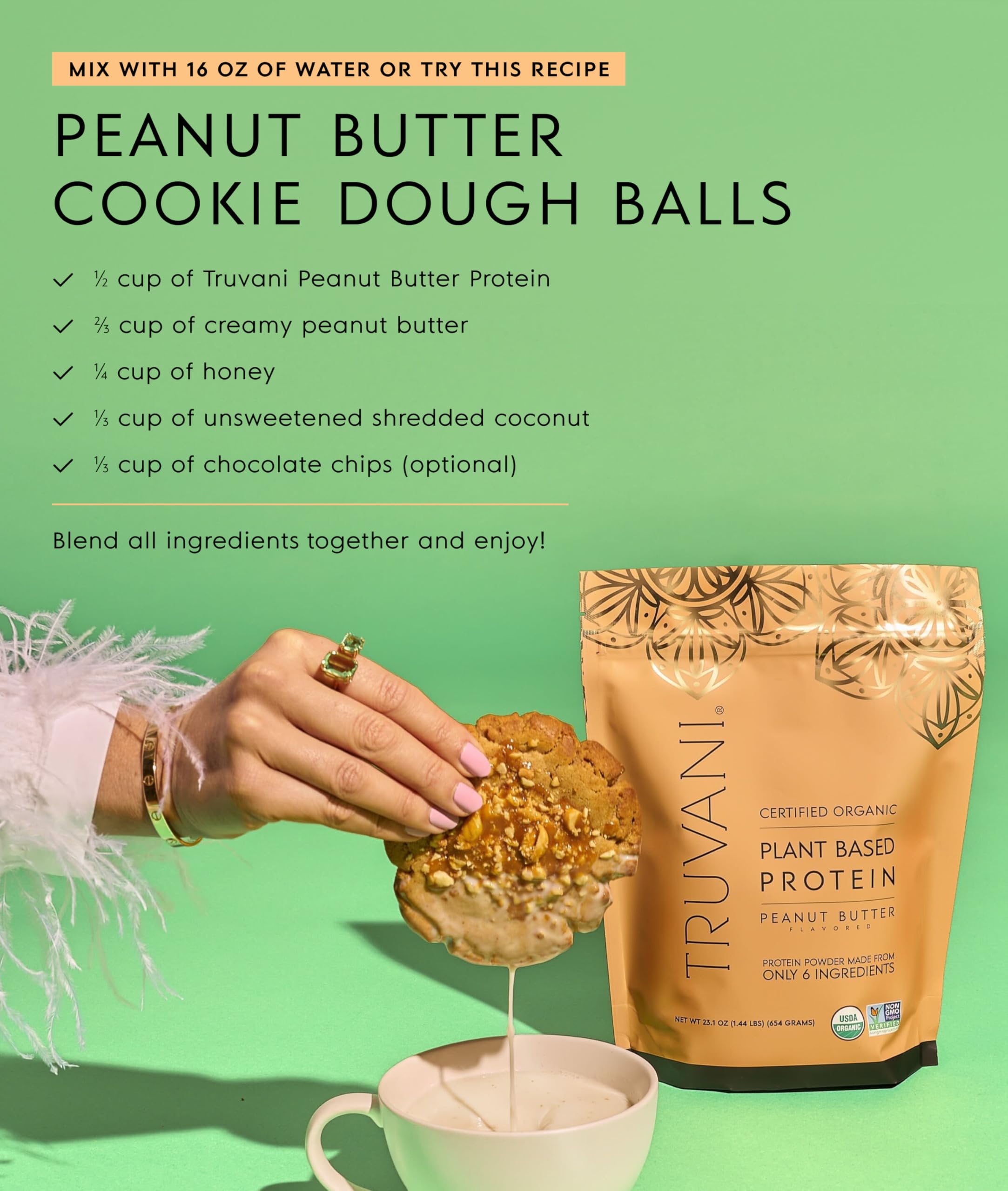 Truvani powder poured into bowl for protein-rich baking ideas.