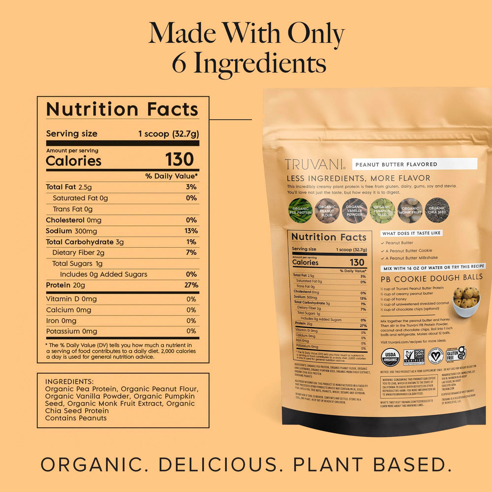 Scoop added to smoothie with Truvani protein, showcasing versatile plant-based nutrition.