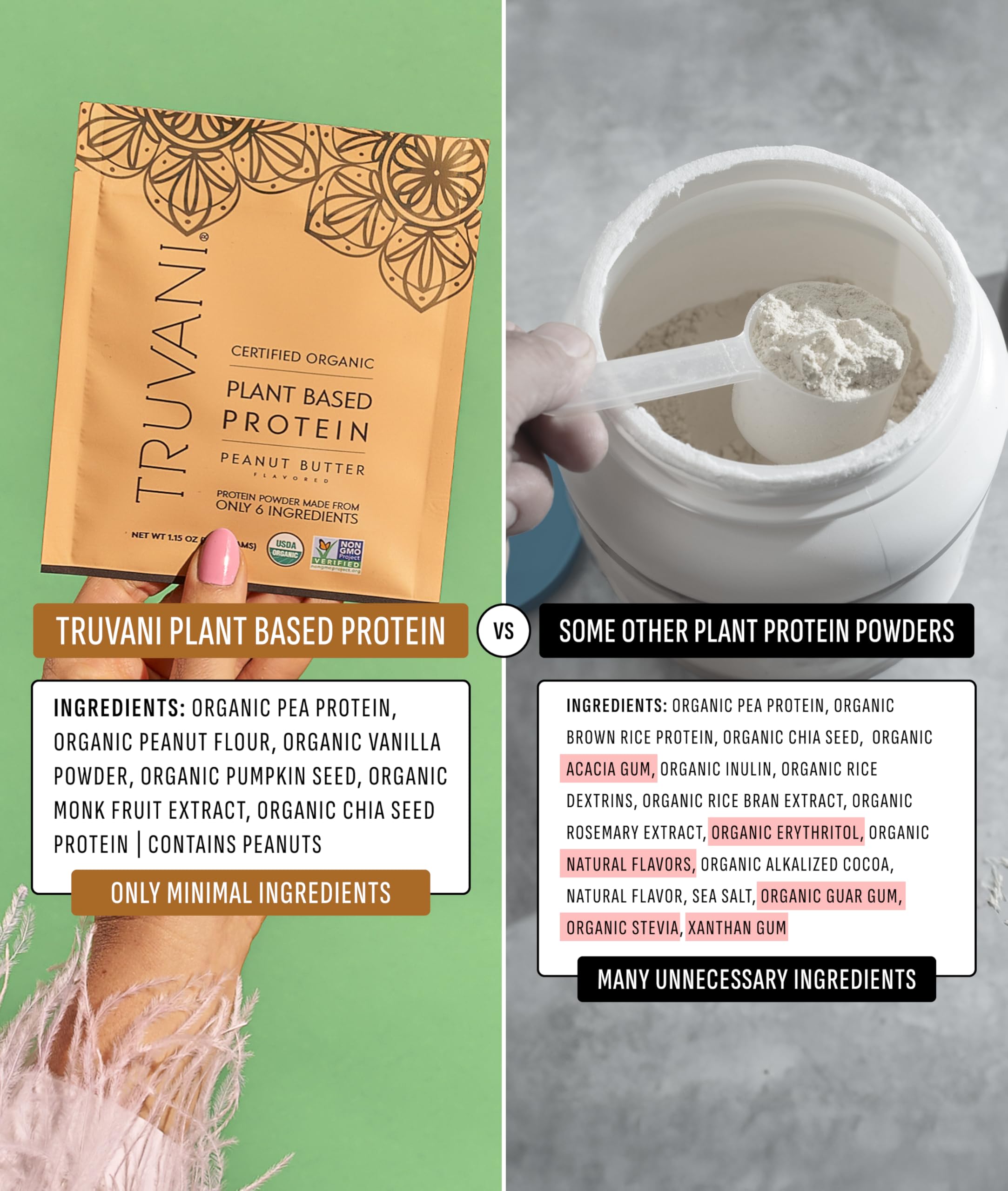 Truvani shake glass on kitchen counter highlighting 120-140 calories per serving.