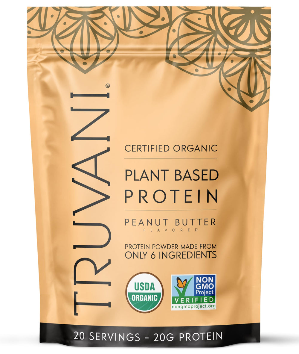 Truvani vegan pea protein peanut butter tub front view, clean label supports clean eating.