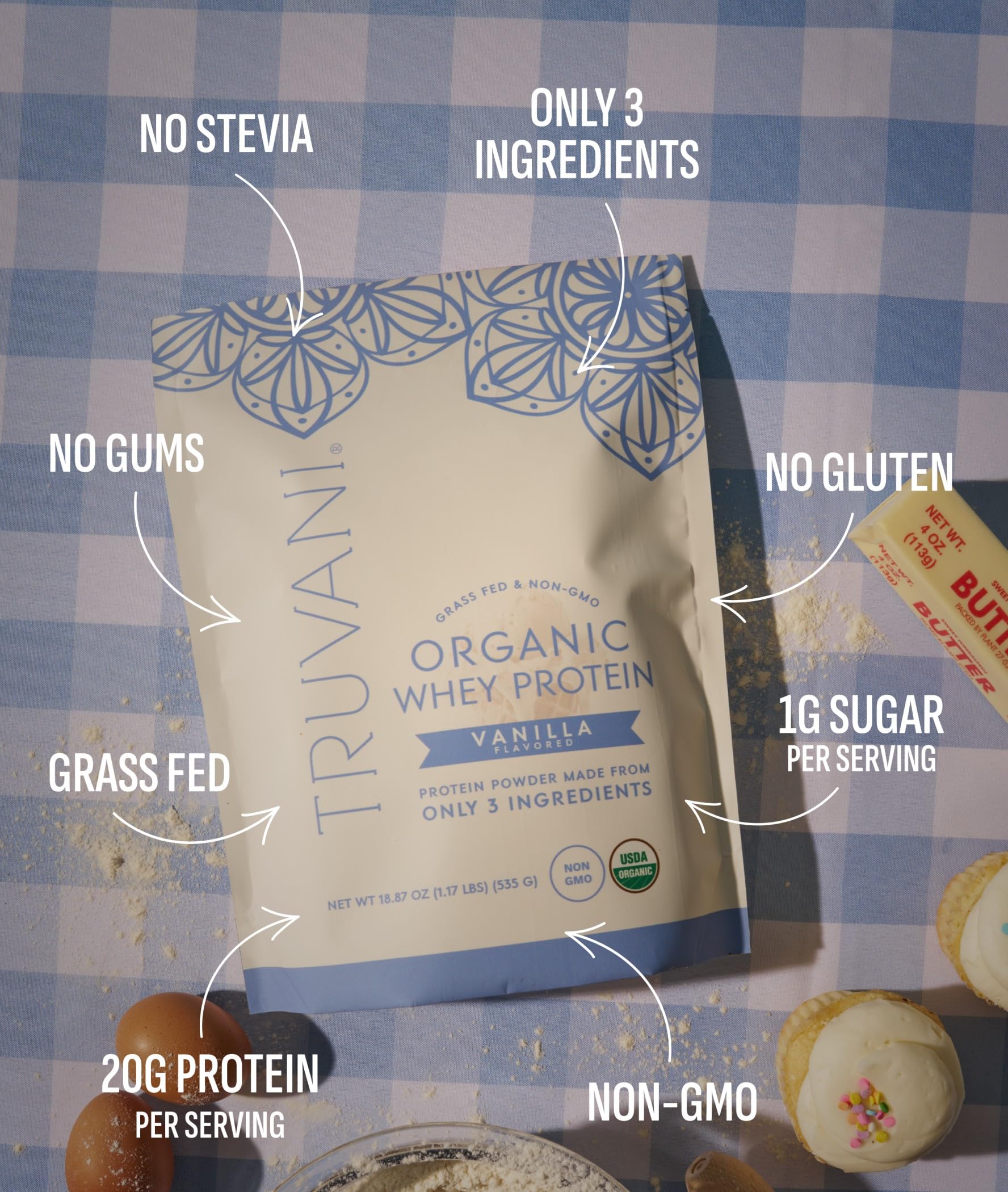 Truvani vanilla protein serving scoop showing 20g protein per serving for muscle support