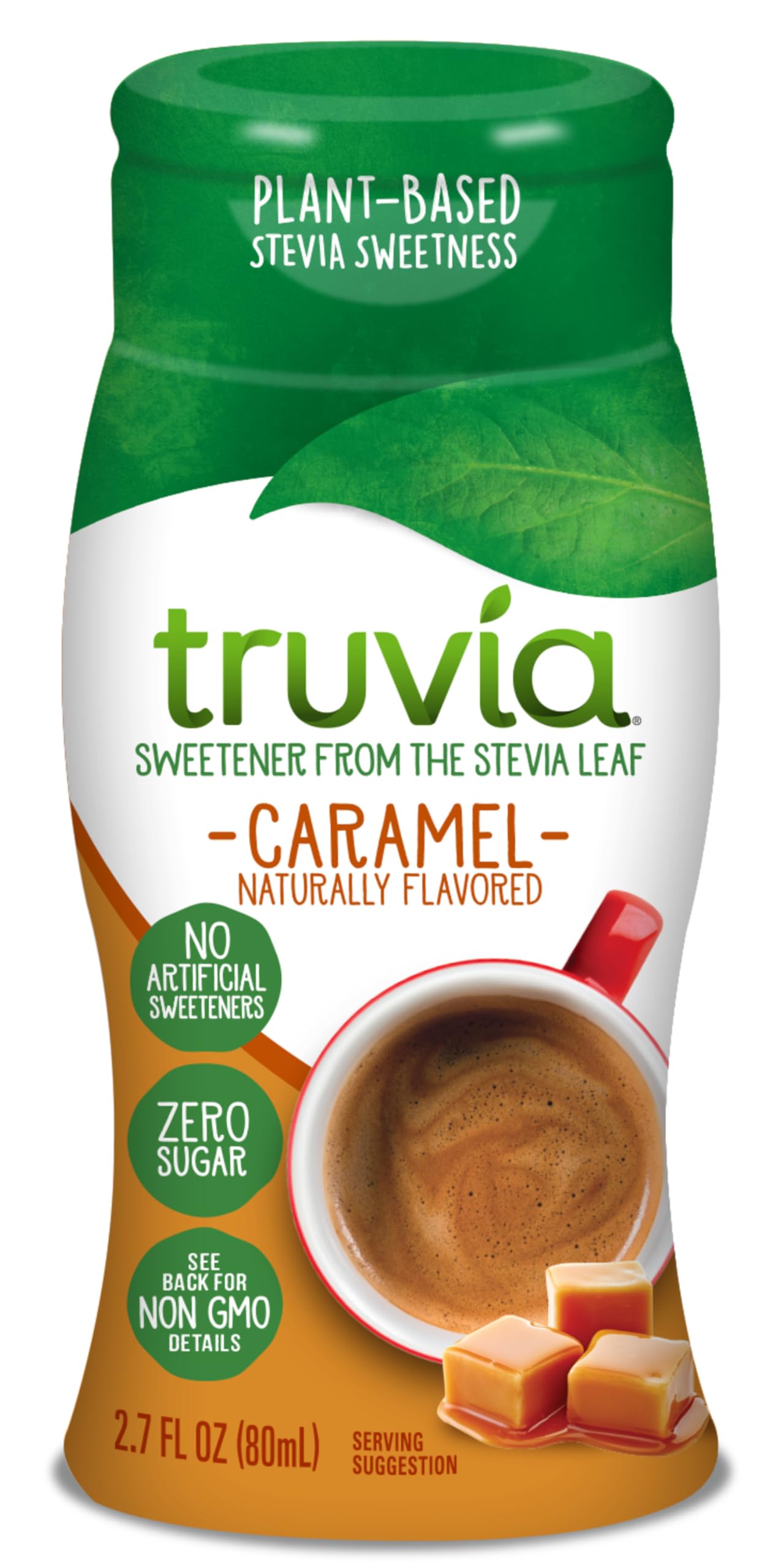 Truvia caramel liquid sweetener bottle, ideal for coffee.
