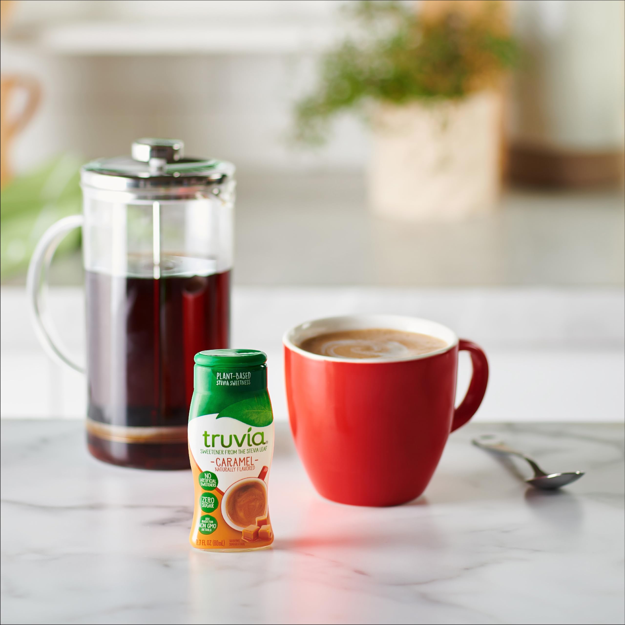 Truvia label close-up highlighting ingredients and benefits.