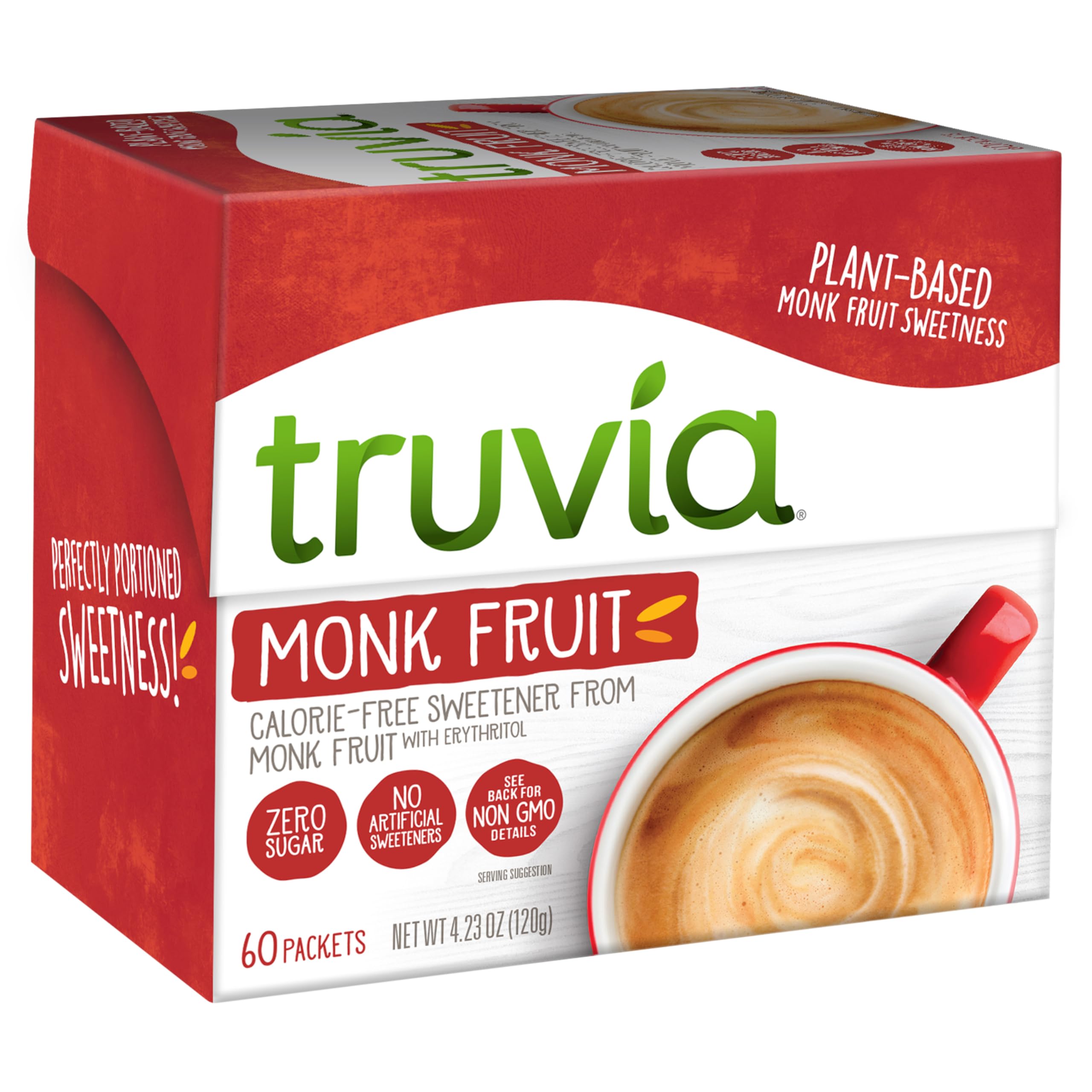 Truvia monk fruit packets box close-up for convenient, calorie-free sweetness