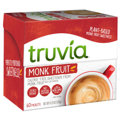 Truvia monk fruit packets box close-up for convenient, calorie-free sweetness