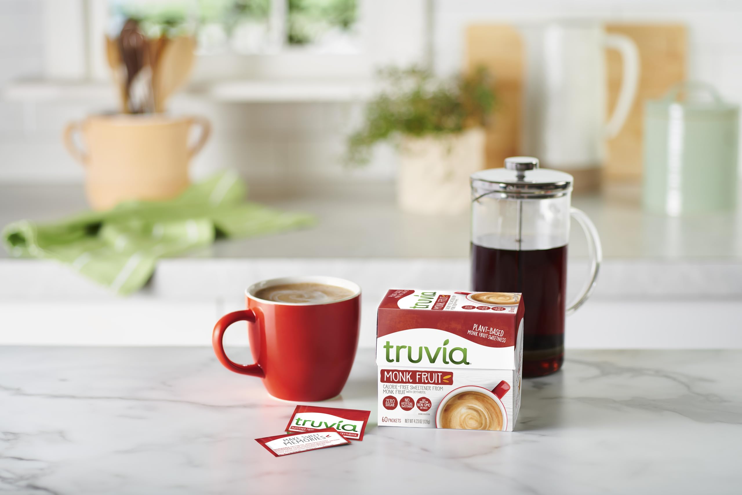 Truvia monk fruit packets on a kitchen counter for everyday use