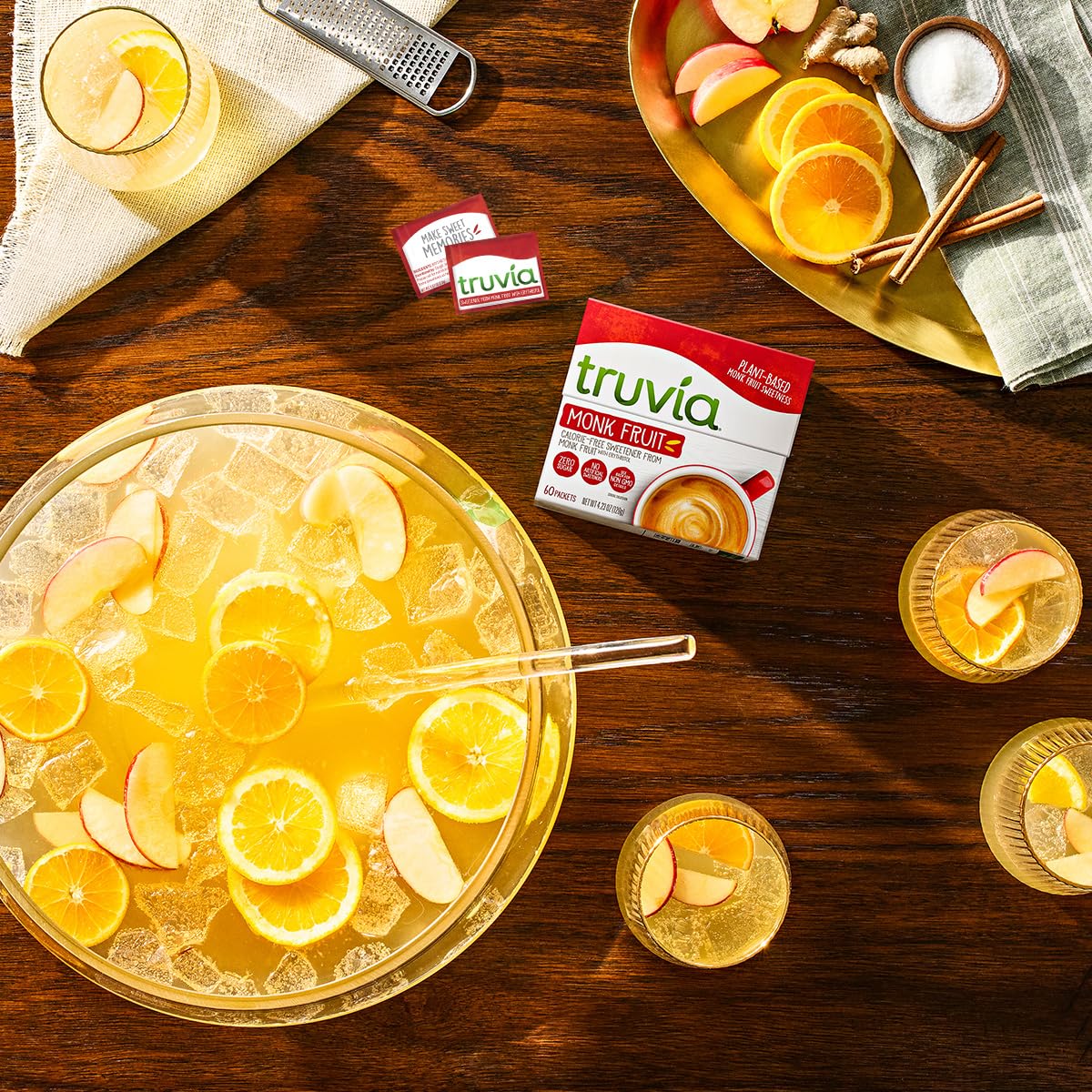 Truvia monk fruit packets label close-up highlighting the 60-count carton