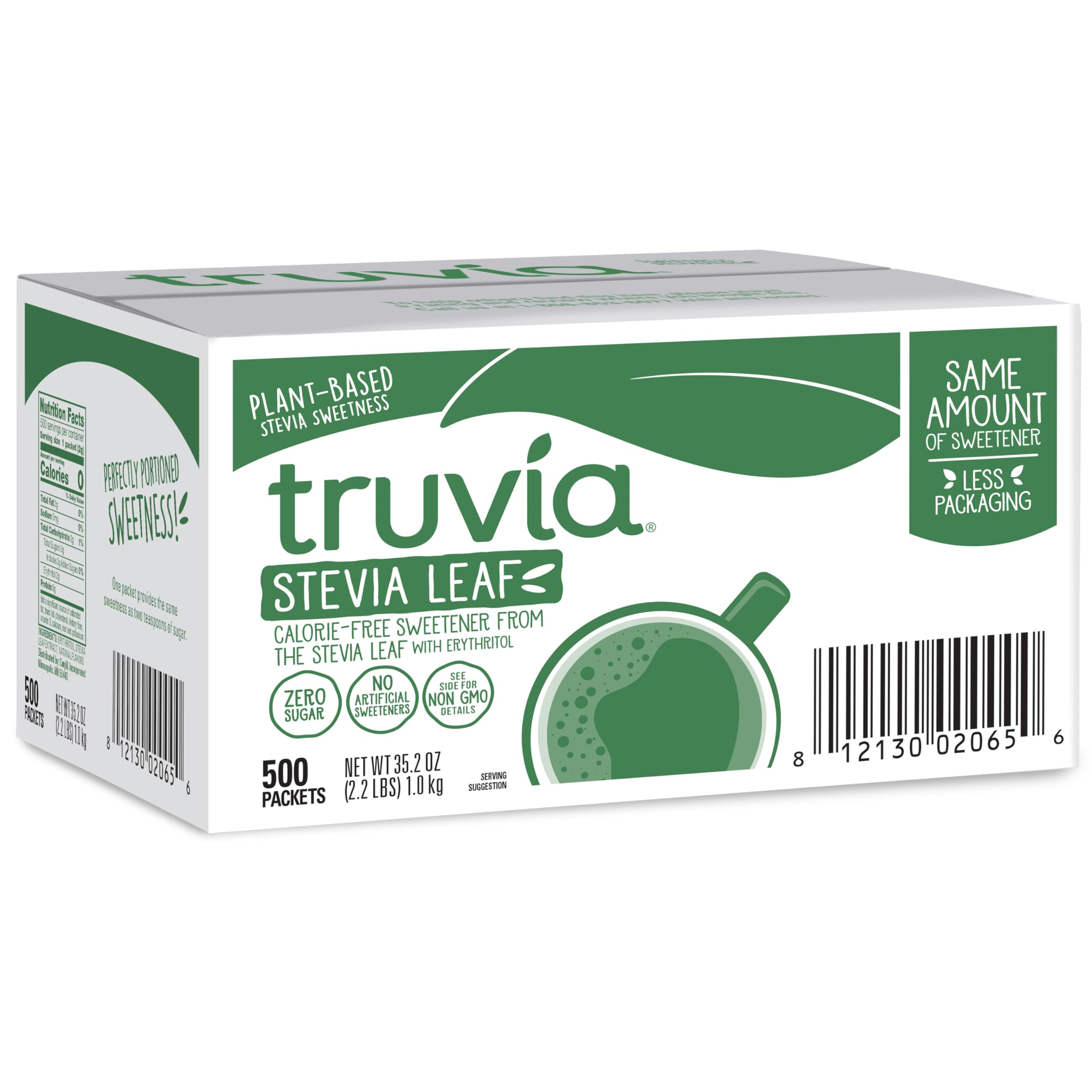 Truvia Original packets beside a coffee cup, zero-calorie sweetness for your beverage.