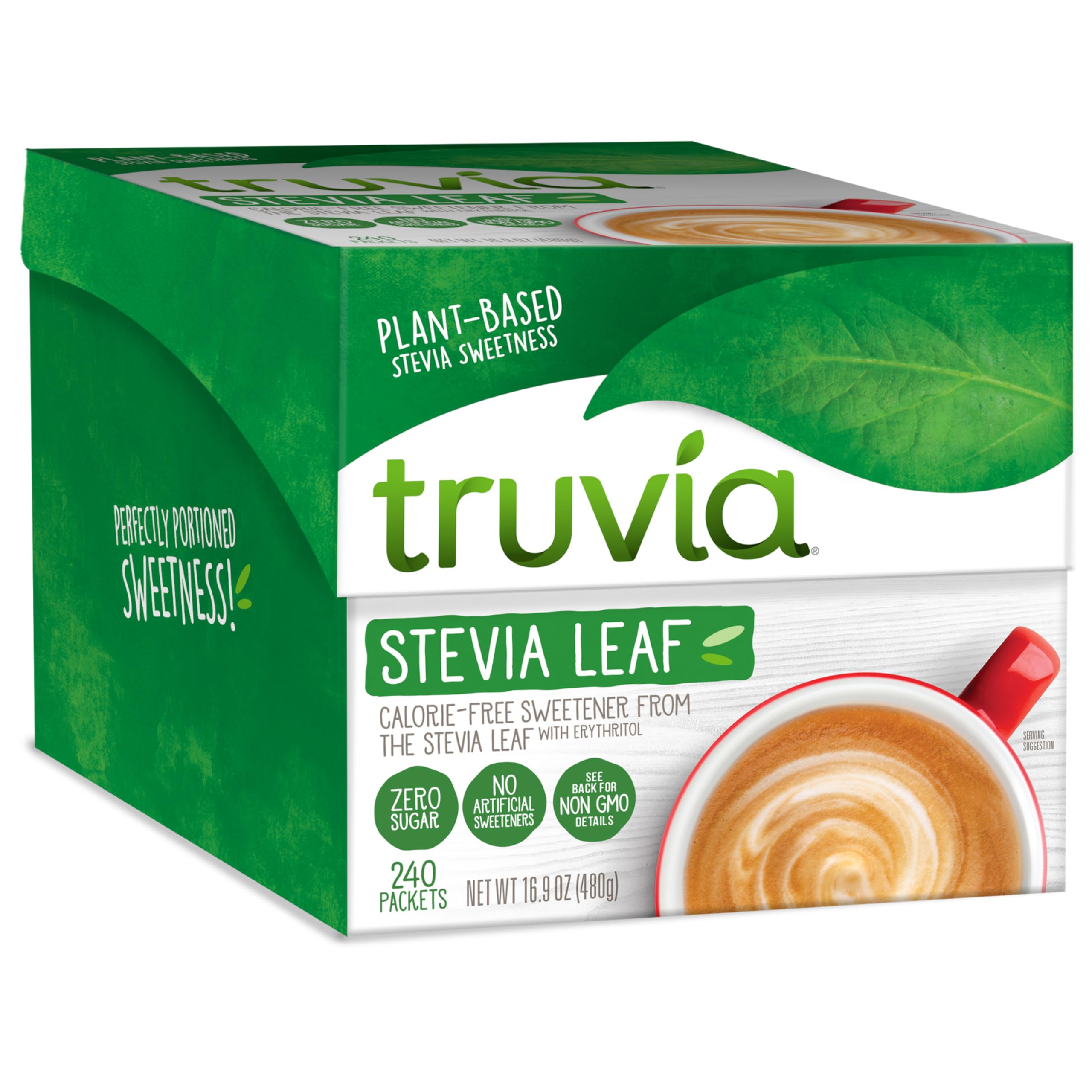 Truvia Original packets in a coffee cup provide zero-calorie sweetness.