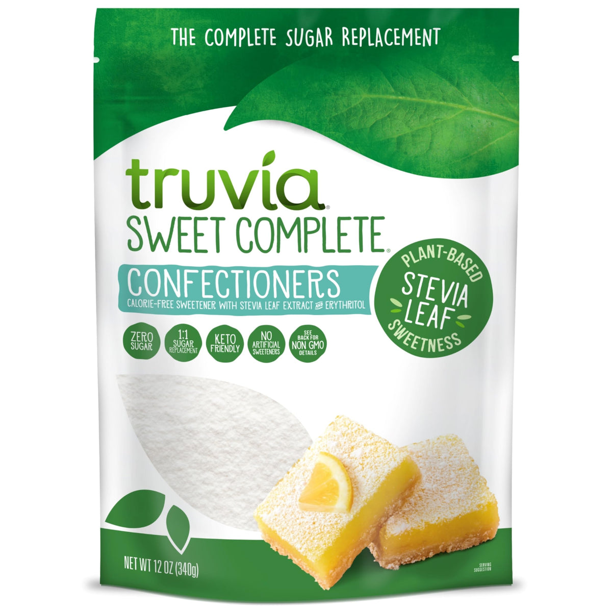 Truvia Sweet Complete Confectioners bag showing calorie-free sweetness for frosting