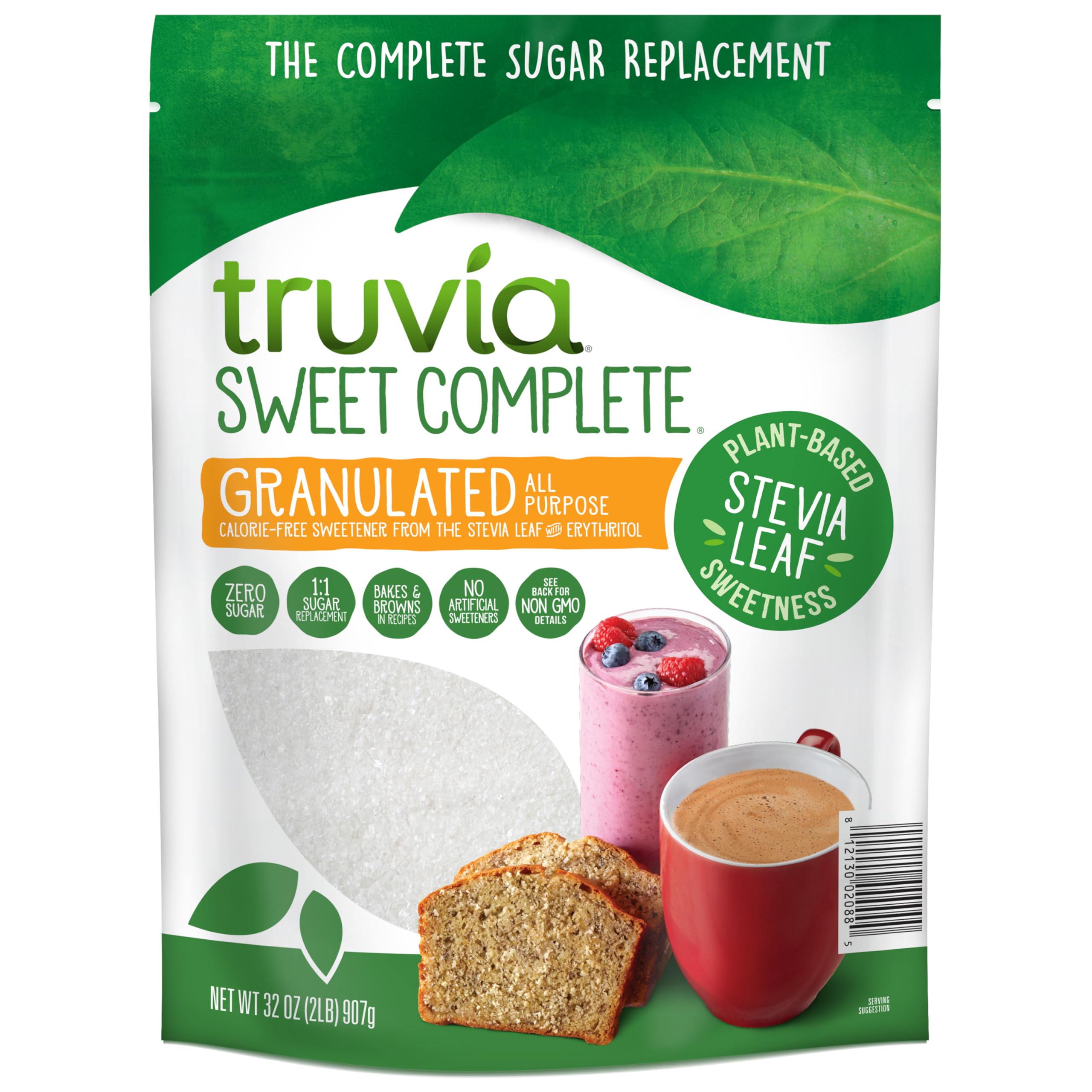 Truvia Sweet Complete granulated bag 32oz for all-purpose sugar replacement, keto-friendly and calorie-free.