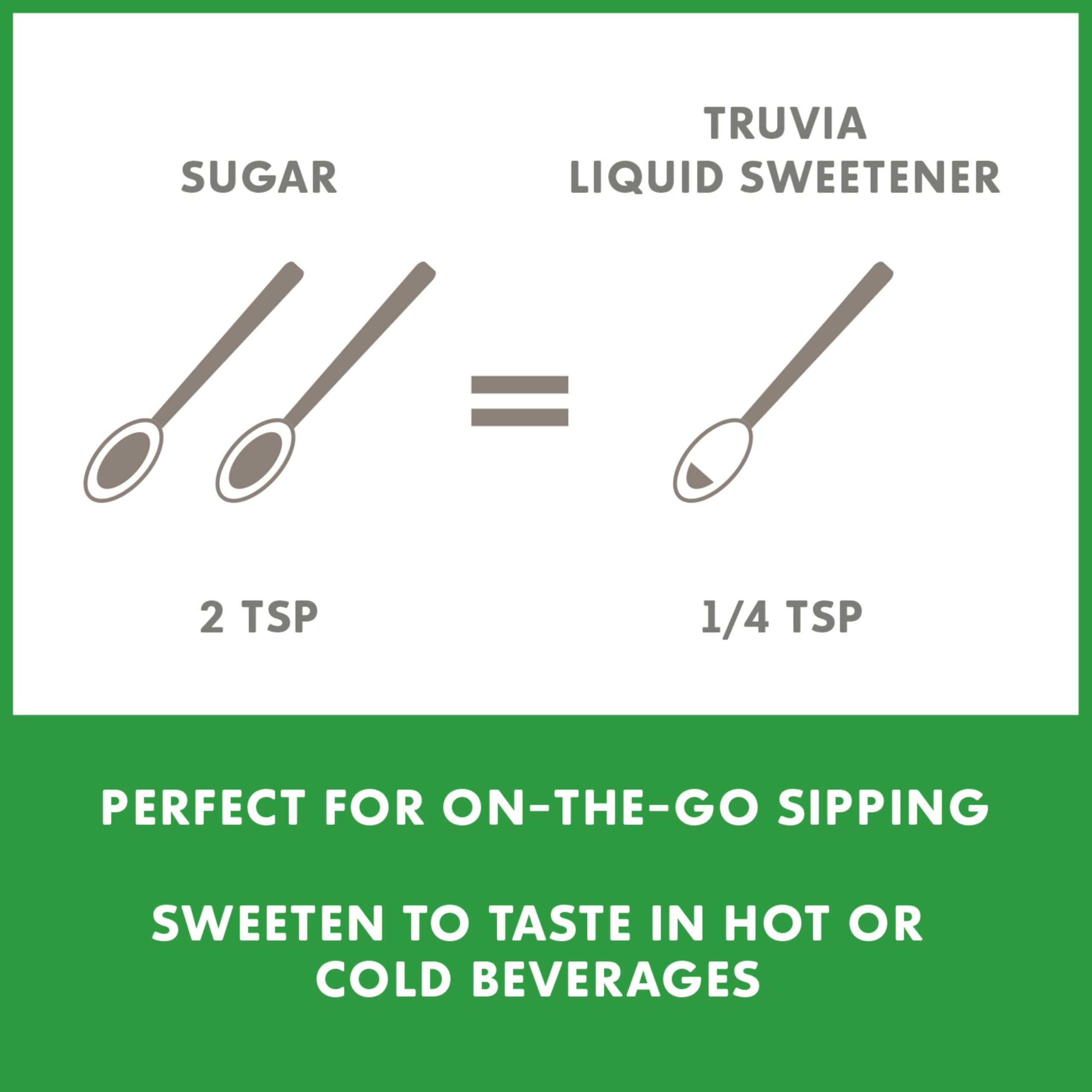 Truvia packaging showing the 2.7 oz bottle and portability