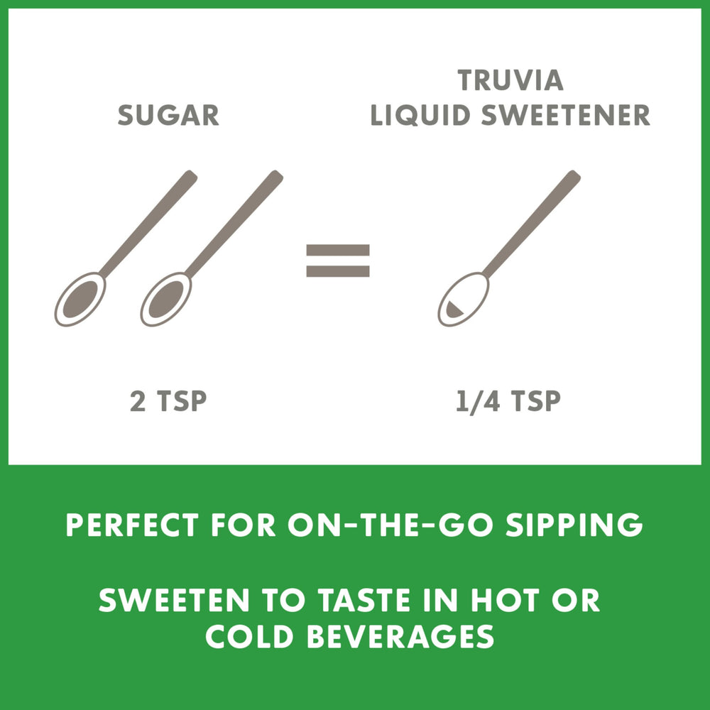 Truvia packaging showing the 2.7 oz bottle and portability