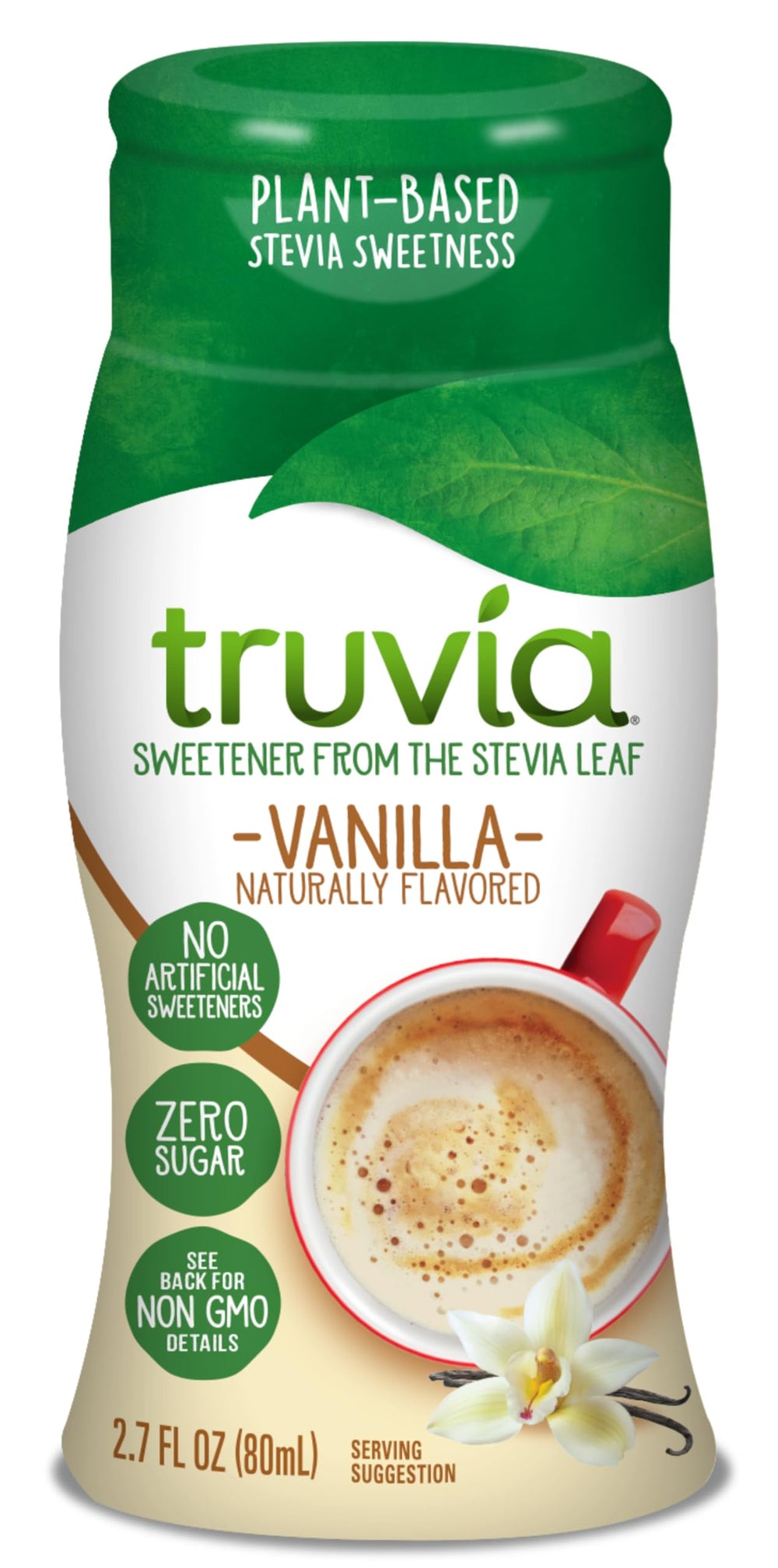 Truvia zero-calorie vanilla bottle being poured into coffee for smooth sweetness