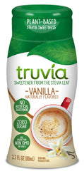 Truvia zero-calorie vanilla bottle being poured into coffee for smooth sweetness