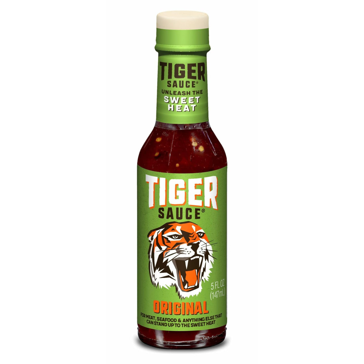 Try Me Tiger Sauce Original bottle front showing bold flavor for meats.