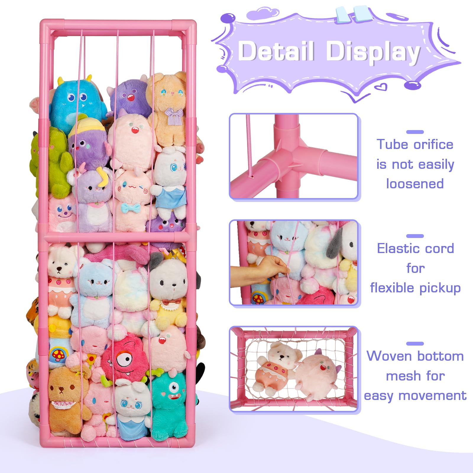 Trycooling PVC frame with elastic rope supports a large plush collection.