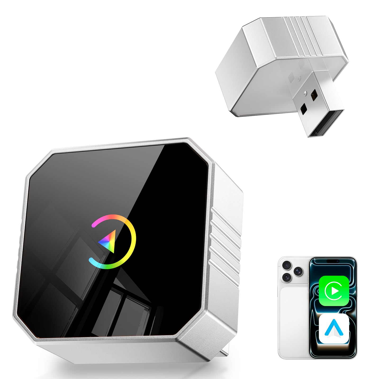 TRYSHOP mini CarPlay adapter – front view shows quick wireless pairing in cabin.