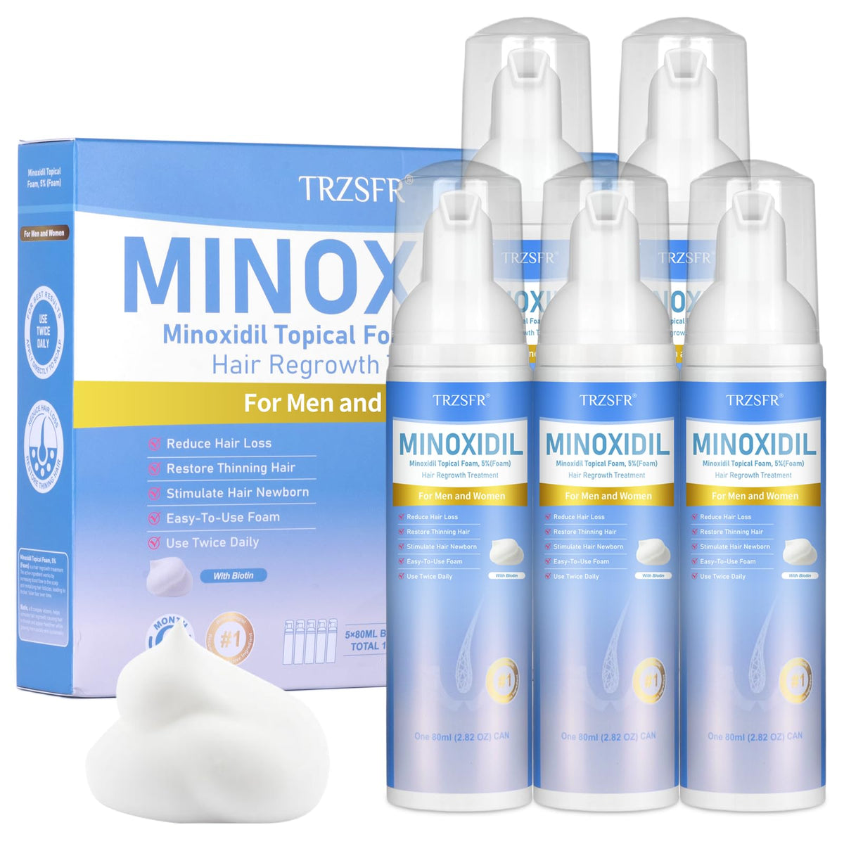 Trzsfr minoxidil foam bottle dispense shows easy, mess-free application for scalp growth.